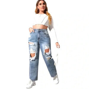 SHEIN |  Women's Plus Size High Waist Ripped Straight Leg Denim Jeans Size 1XL